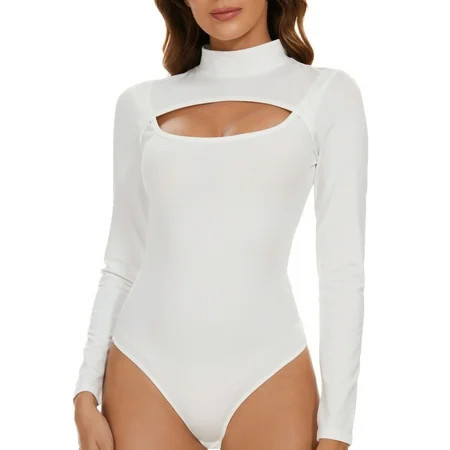 Mock Neck Cutout Front Bodysuit Long Sleeve Short Sleeve Sleeveless Body suit for Women T Shirt Tops | Walmart (US)