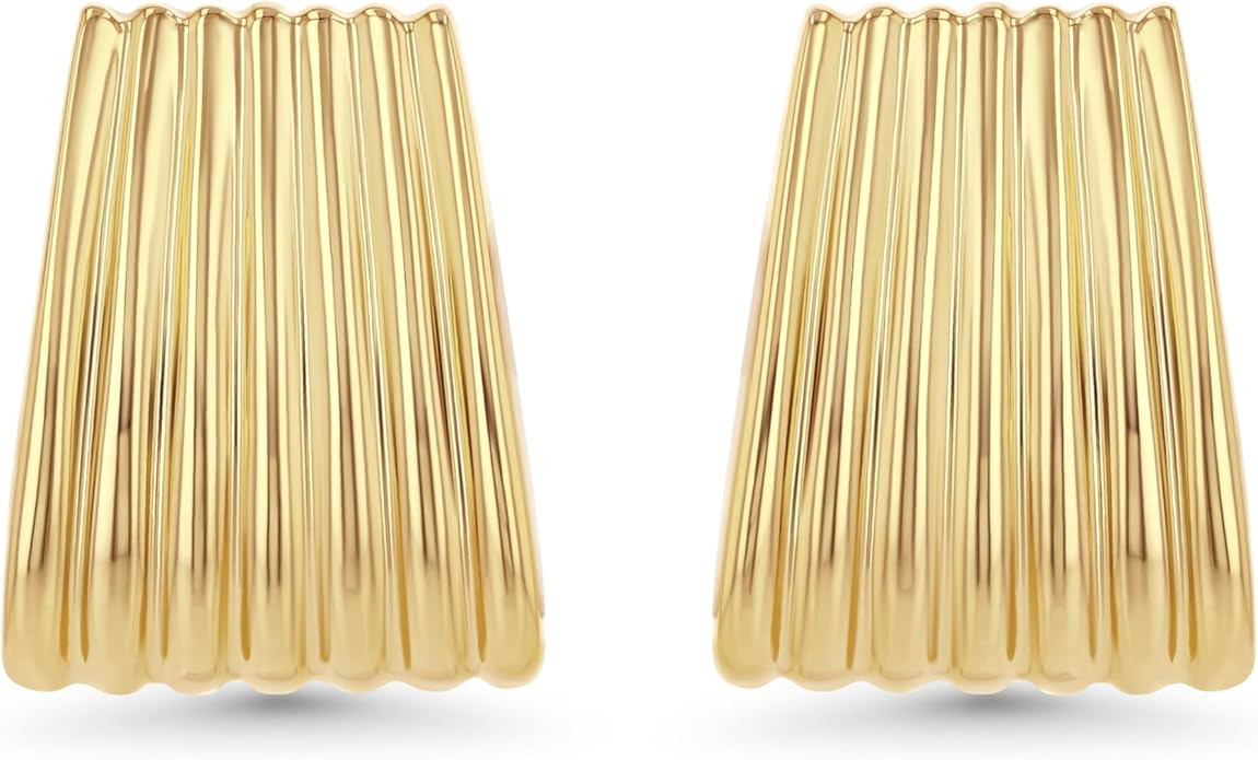 Gold Chunky Statement Earrings for Women, Small Handmade Trendy Stud Ribbed Jewelry Gifts, Rectan... | Amazon (US)