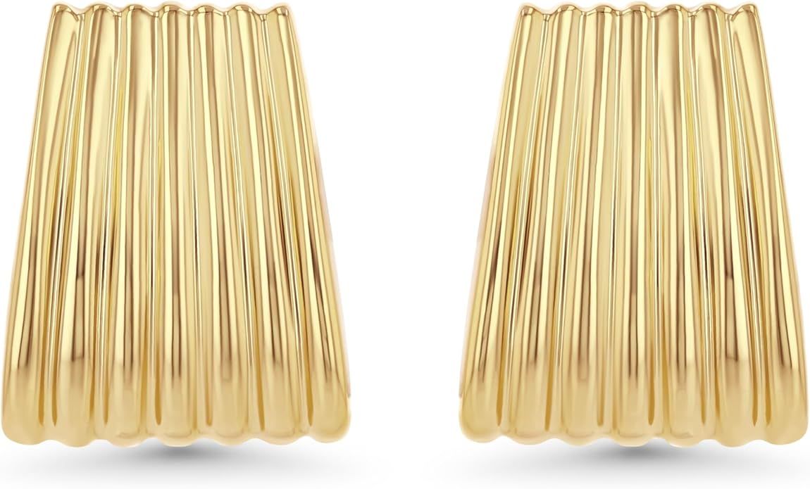 Gold Chunky Statement Earrings for Women, Small Handmade Trendy Stud Ribbed Jewelry Gifts, Rectan... | Amazon (US)