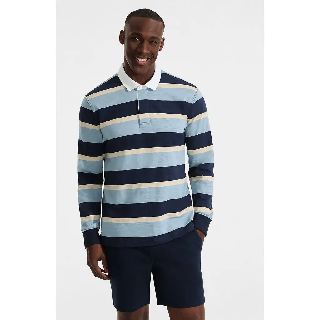 Lands' End Long Sleeve Textured Rugby Polo in Radiant Navy/marble Stripe at Nordstrom, Size Medium | Nordstrom