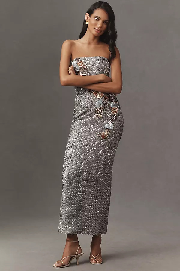 Silvia Strapless 3D Floral Strapless Stretch Sequin Maxi Dress | Anthropologie (US)
