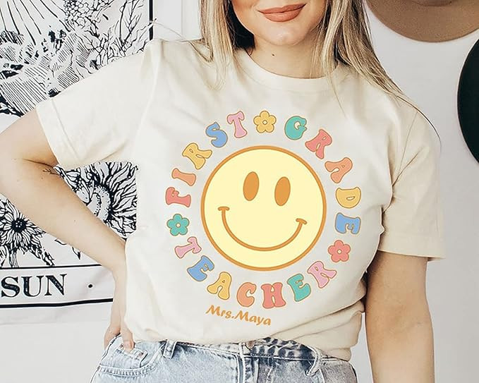 Amazon.com: Personalized Aesthetic First Grade Teacher Happy my Face For Back To School Shirt, Cu... | Amazon (US)