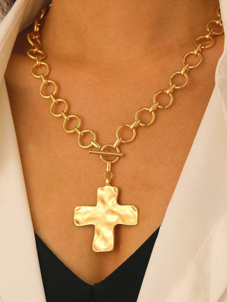1 Retro Simple Exaggerated Fashion Metal Geometric Round Hammer Pattern Cross Pendant Necklace OT Buckle Thick Chain Jewelry Suitable For Women's Daily Wear Chunky Jewelry | SHEIN