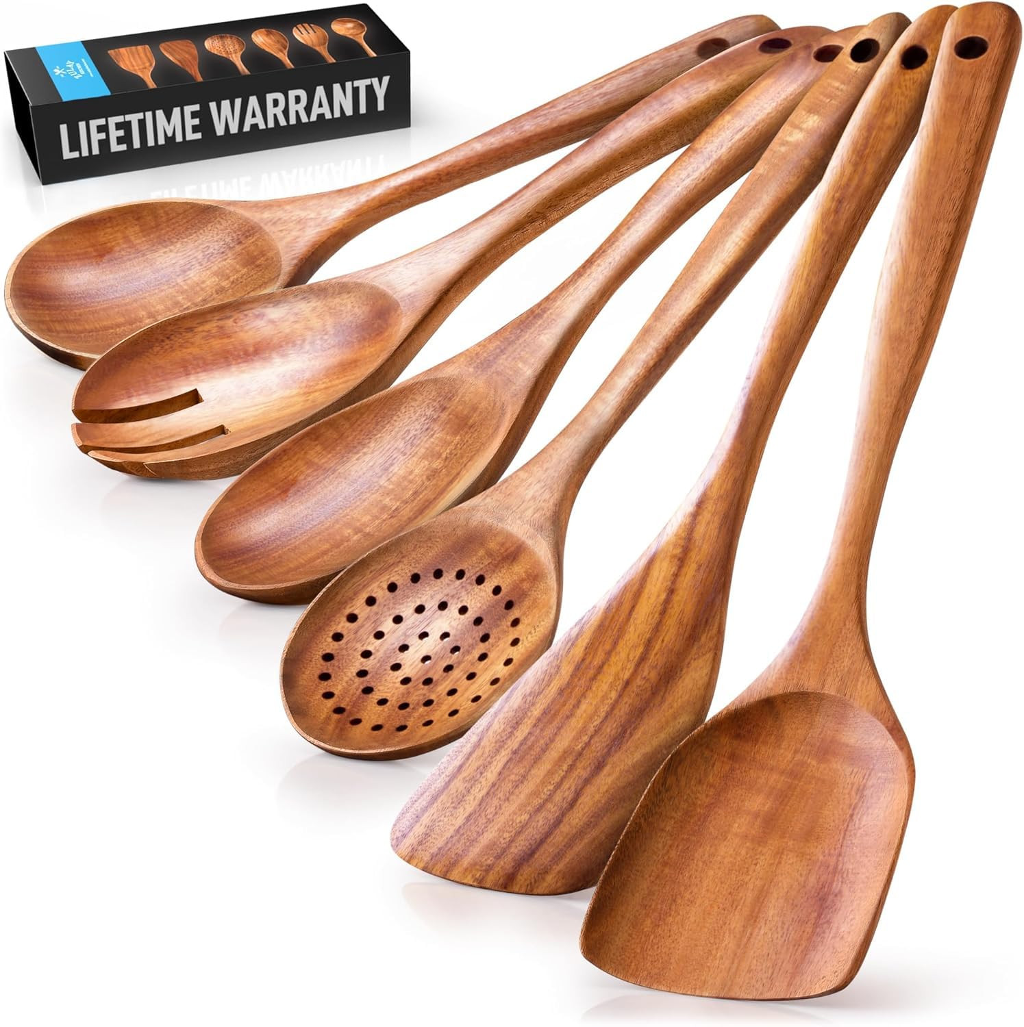 Zulay Kitchen 6-Piece Wooden Spoons for Cooking - Smooth Finish Teak Wood Utensils - Soft Comfort... | Amazon (US)