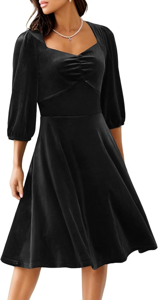 Women's Vintage 3/4 Long Sleeve Velvet Cocktail Dresses for Formal Cocktail Party Winter Christma... | Amazon (US)