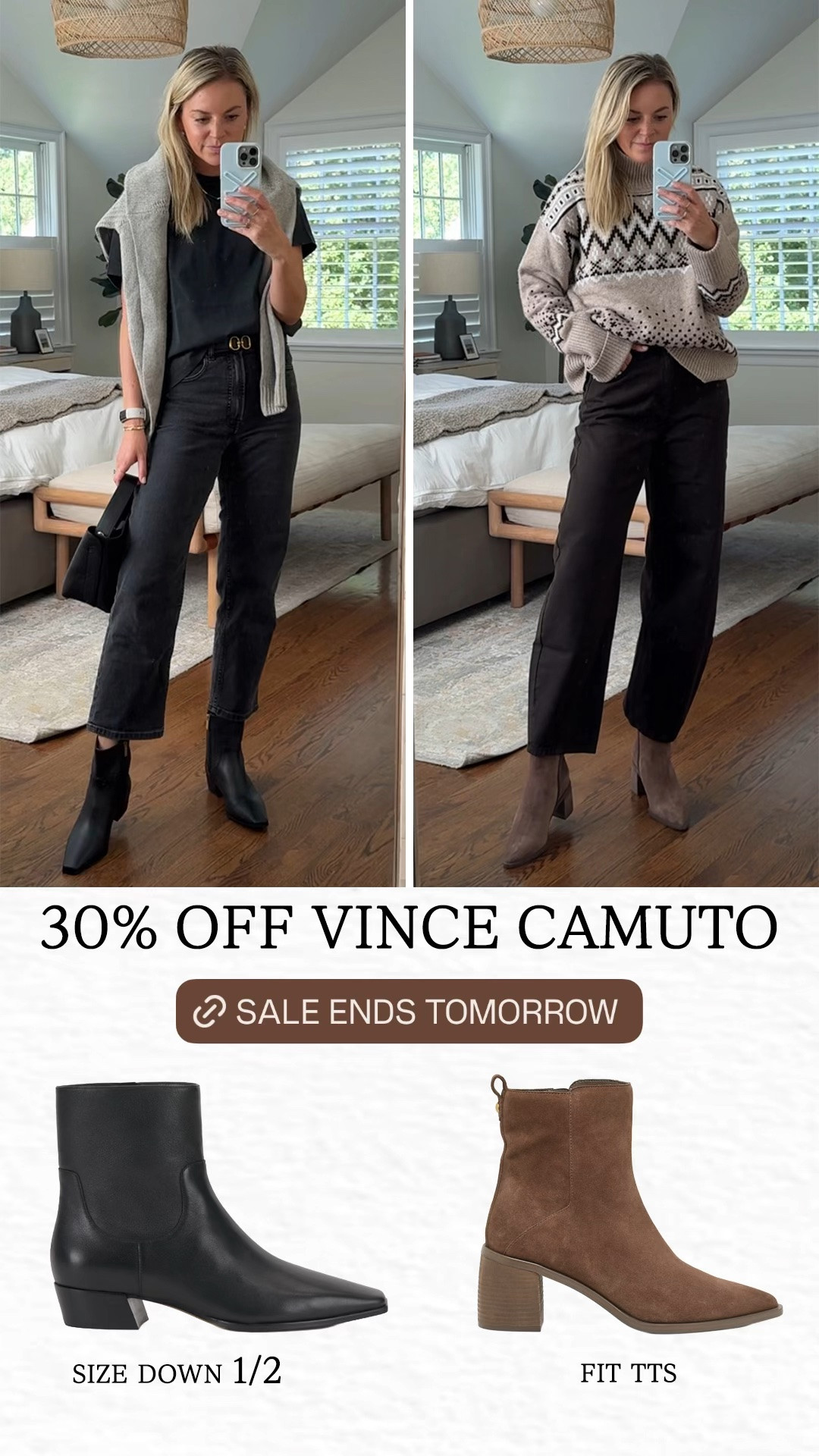 Last call for 30% off Vince Camuto! Sale ends 10/15
•size down 1/2 in Pertula booties 
•go tts in the Lorelei booties 
•small tee
•medium Quince sweater, sized up 1
•black jeans fit tts, 26R
•sized up to a 4 in the Brown jeans 
**FairIsle sweater is splendid and will be online starting 10/28

#LTKSaleAlert