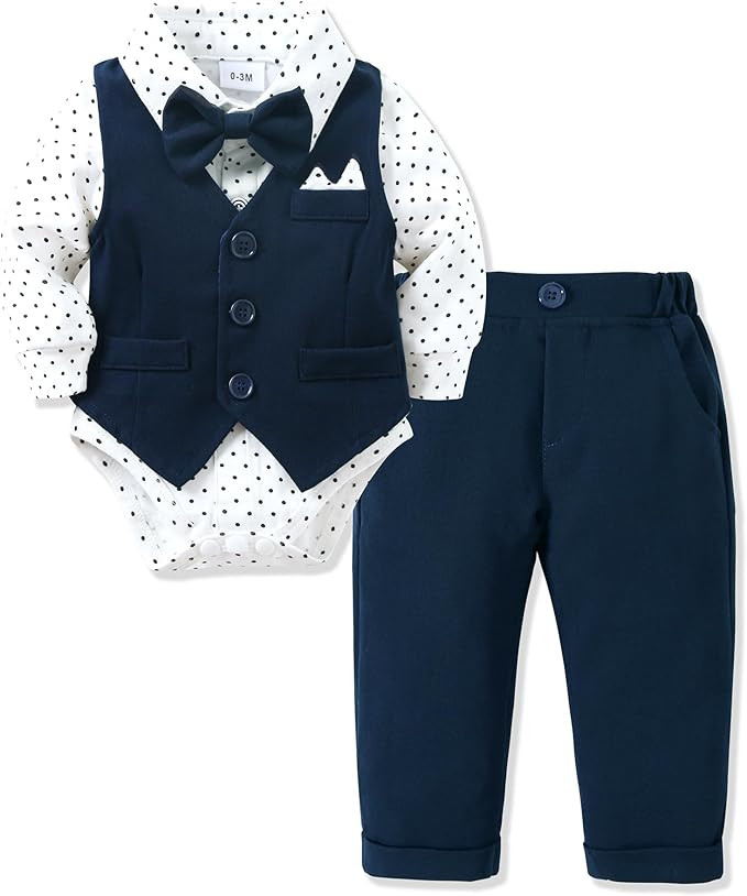 YALLET Baby Boy Clothes Suit 0-24 Months Infant Gentleman Outfits Formal Dress Shirt+Bowtie+Vest+... | Amazon (US)