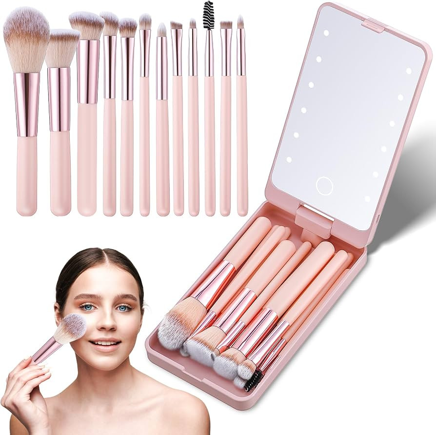 12 Pcs Travel Makeup Brush Set with LED Light Mirror, Cosmetic Makeup Brushes Kit with Holder Cas... | Amazon (US)
