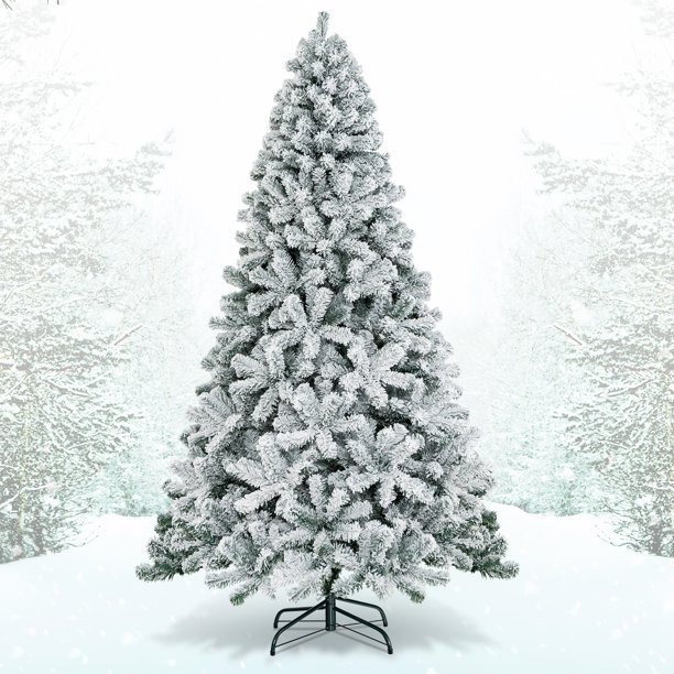 Topbuy 7.5' Hinged Artificial Christmas Tree Unlit w/ Metal Stand Premium Snow Flocked - Walmart.... | Walmart (US)