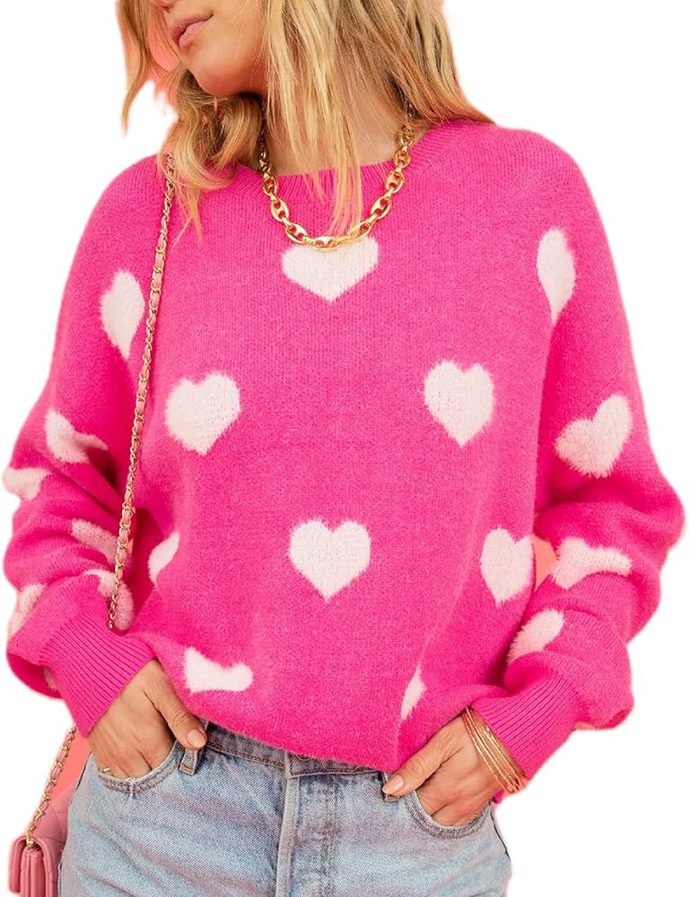 Women's Cute Heart Sweater Love Print Valentine Romantic Knitted Top Casual Crewneck Long Sleeve ... | Amazon (US)