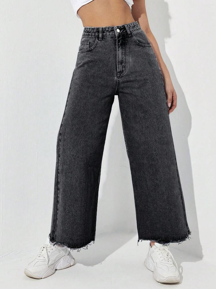 Jeanoix High Waist Raw Hem Wide Leg Jeans Y2k | SHEIN