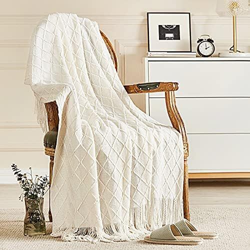 Inhand Knitted Throw Blankets for Couch and Bed, Soft Cozy Knit Blanket with Tassel, Off White Light | Amazon (US)