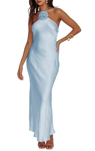 Summer Satin Halter Backless Maxi Dresses for Women 2025 Silk Sleeveless Formal Wedding Guest Long Dress Blue | Amazon (US)