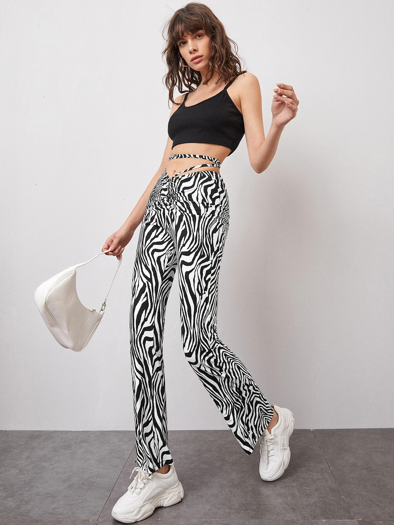 SHEIN Zebra Striped Ruched Crisscross Tie Back Waist Flare Leg Pants | SHEIN