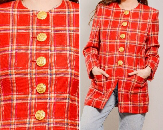 Mod Inspired Red Wool Plaid Blazer  Big Gold Buttons Retro | Etsy | Etsy (US)