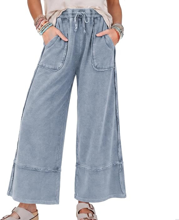 Women Mineral Washed Wide Leg Sweatpants Baggy Pants with Pockets | Amazon (US)