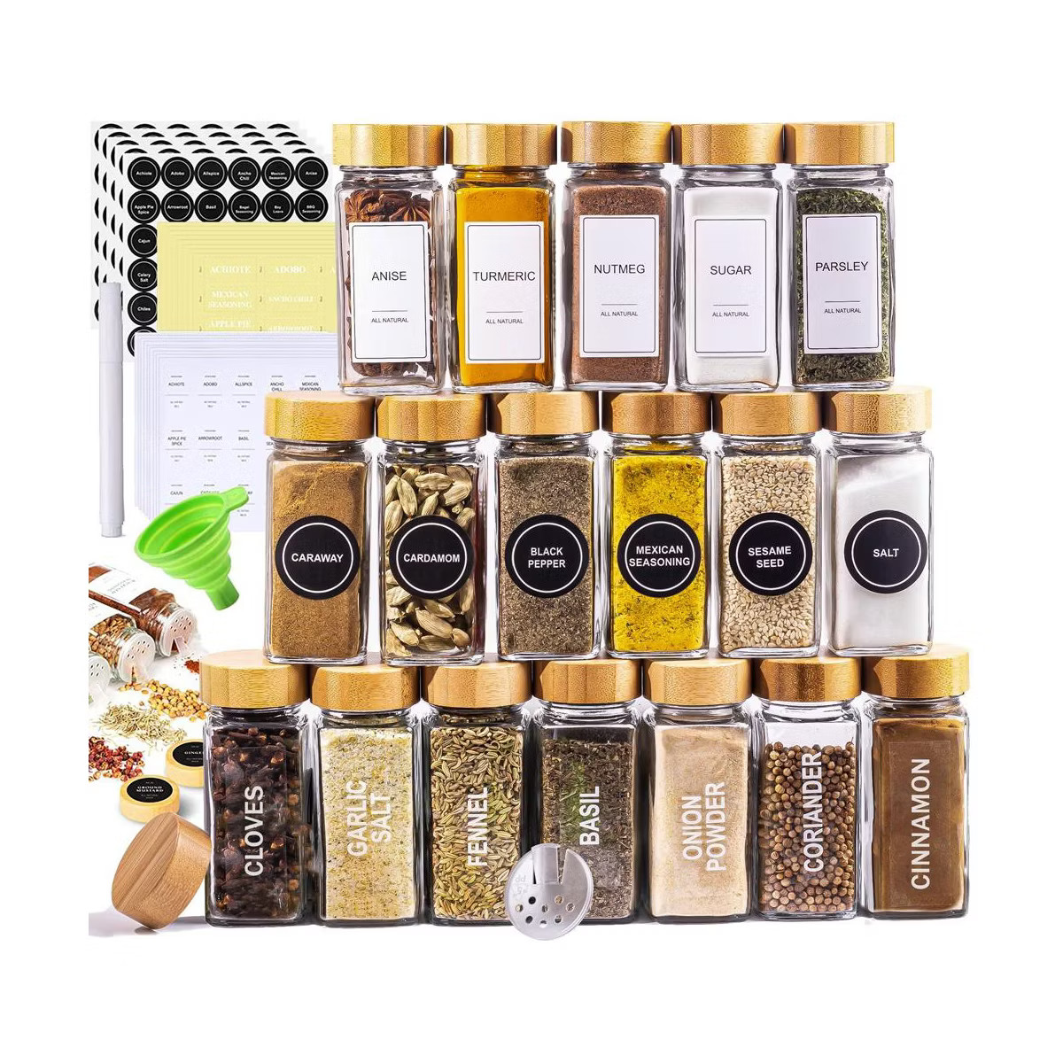 Le'raze Glass Spice Jars with Label Set, Bamboo Lids & Funnel - Kitchen Airtight Storage Jars wit... | Target