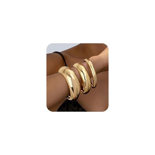Chunky Gold Bangle Bracelets for Women, Big Thick Stretch Bangles Set, Trendy Stackable Bangle Bracelet Stack Fashion Accessories Boho Jewelry Gifts (B2; large gold bangles) | Amazon (US)
