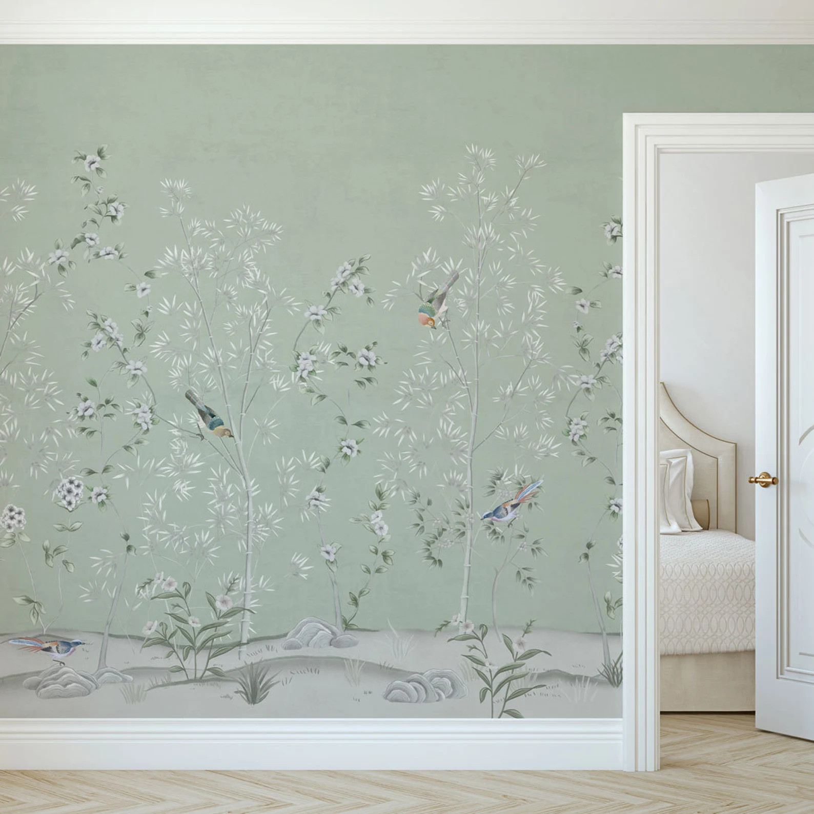 Chinoiserie Wallpaper, Botanical Wallpaper With Birds, Leaves Wallpaper, Botanical Wall Mural, Wa... | Etsy (US)