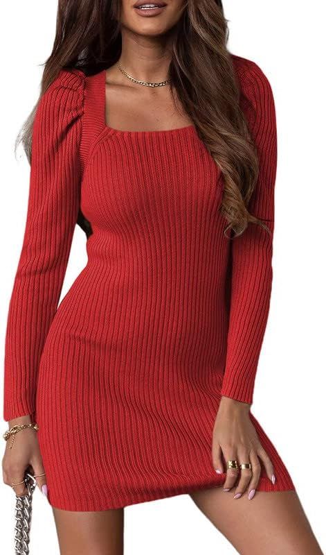 Dokotoo Women's Square Neck Knit Mini Sweater Dress Long Sleeve Bodycon Solid Color Knit Pullover... | Amazon (US)
