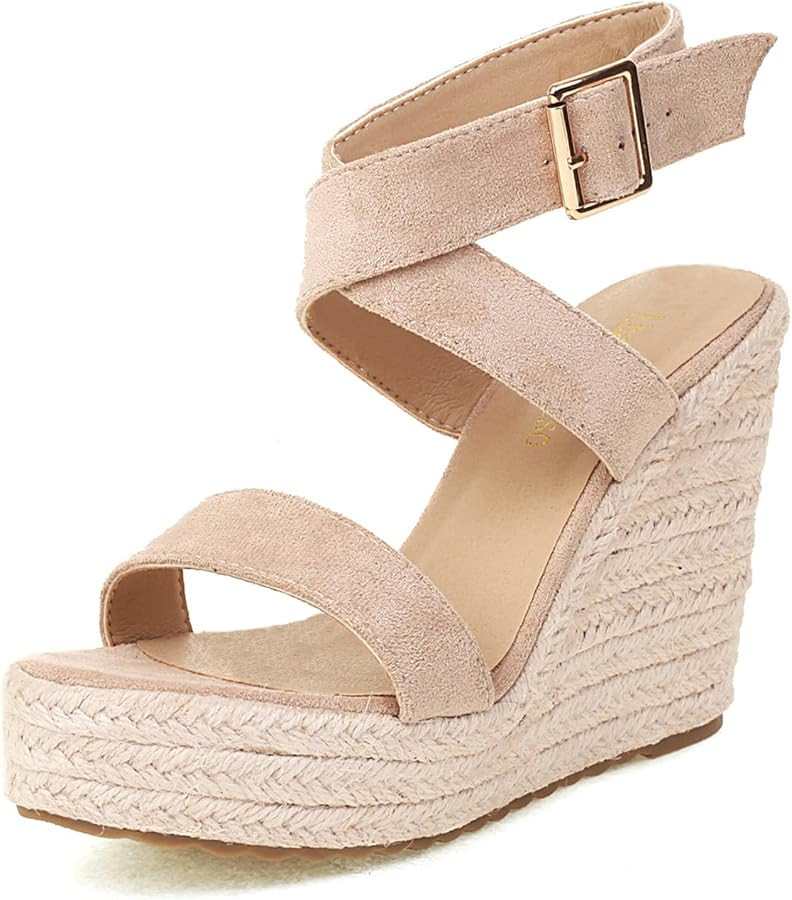 Lhamo Latso Women's High Heel Open Toe Espadrille Wedge Sandals With Micro Suede Upper Cross Ankl... | Amazon (US)