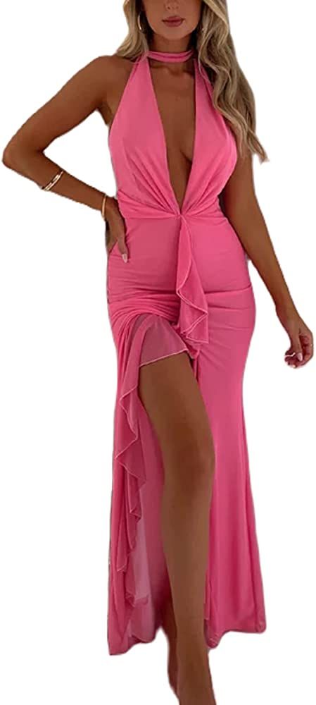 Women 3D Flowers Halter Dress Floral Fringed Long Dress Y2k Sleeveless Open Back Tassels Dress Sh... | Amazon (US)