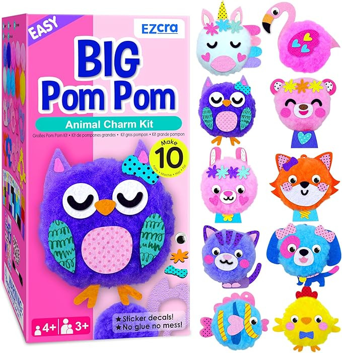 EZCRA Kids Crafts Ages 4-8 – 10 Plush Pom Pom Animal All-in-One DIY Craft Set – Felt Stickers... | Amazon (US)