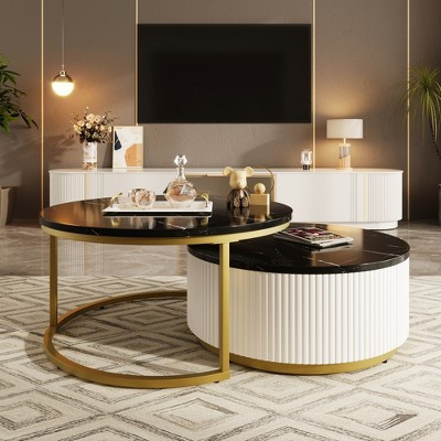 Round Nesting Coffee Table Cocktail Table Center Table Accent Table Side Table End Table Set with Drawer, Black+Gold-ModernLuxe | Target