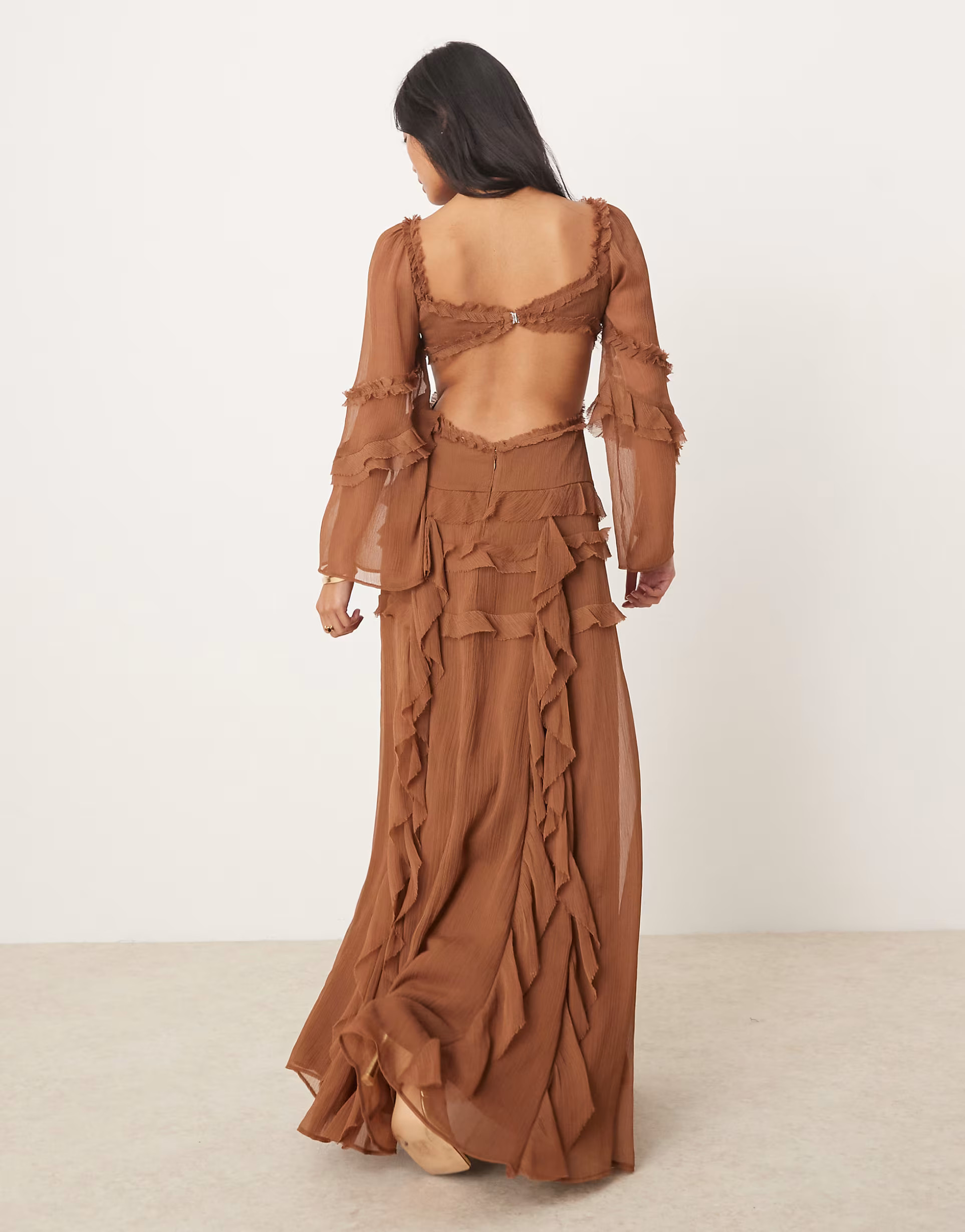 ASOS DESIGN Petite ruffle v neck long sleeve maxi dress in brown | ASOS (Global)