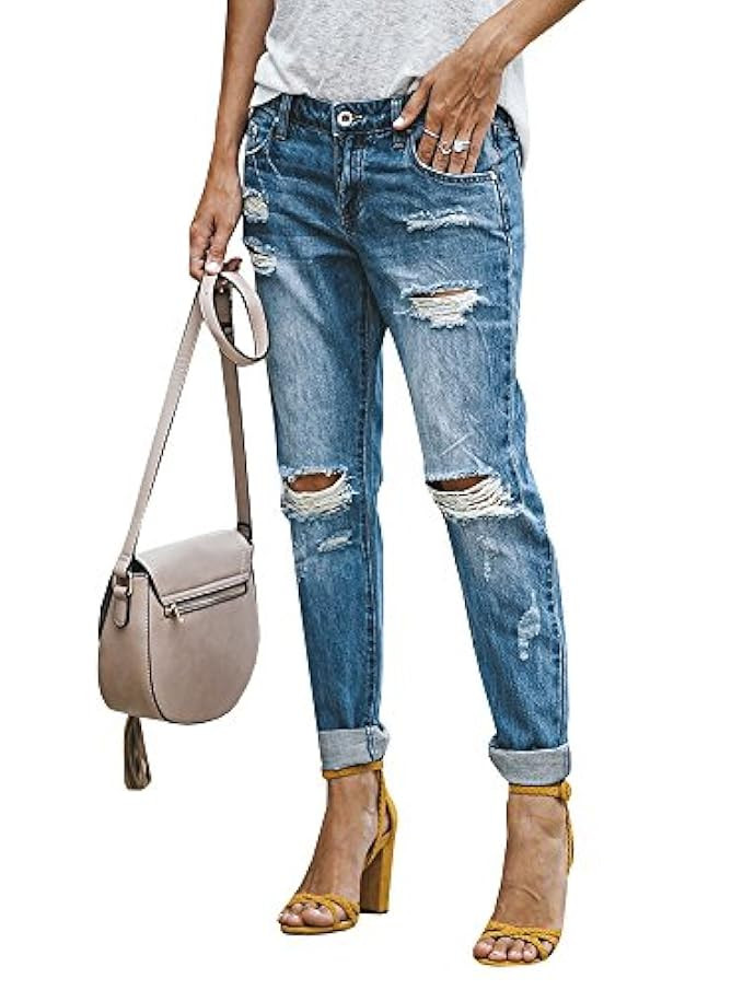 Geckatte Womens Juniors Ripped Distressed Boyfriend Jeans Roll Up Ankle Denim Pants | Amazon (US)