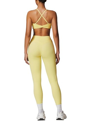 QBGJTD Two Piece Womens Workout Sets for Women U Neck Cross Back Sports Bras Matching Tummy Control High Waist Leggings Set Gym Yoga Jogger Athletic Clothes Pilates 2 Piece Outfits Yellow L | Amazon (US)