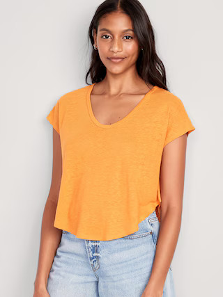 Linen-Blend Cropped Voop-Neck T-Shirt for Women | Old Navy (US)