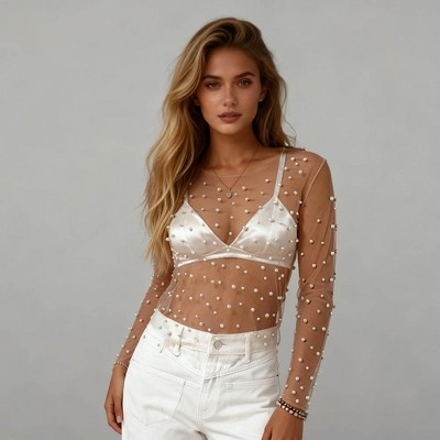 Chic Long Sleeve Sheer Top with Pearl Details - Non-Stretch Polyamide Layering Essential Cherie Code Beige L | Target