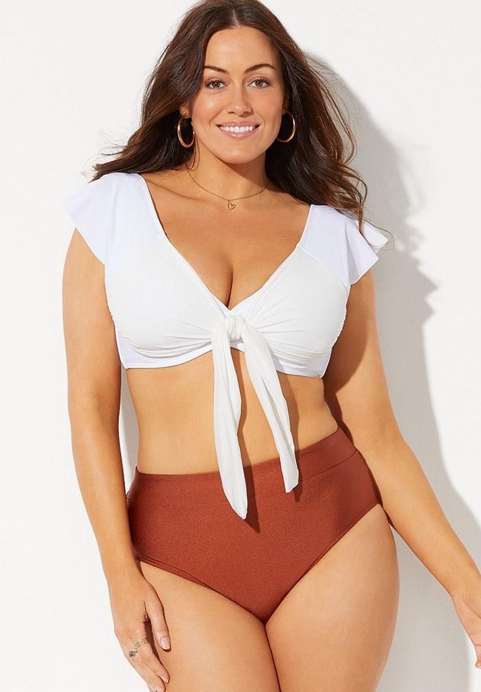 GabiFresh Cup Sized Cap Sleeve Underwire Bikini Set | White | Shiny Dattero | Swimsuitsforall.com
