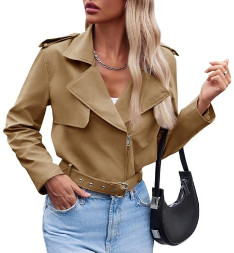 Cicy Bell Womens Cropped Trench Coat Zip Up Lapel Long Sleeve Casual Work Short Jacket Outerwear | Amazon (US)