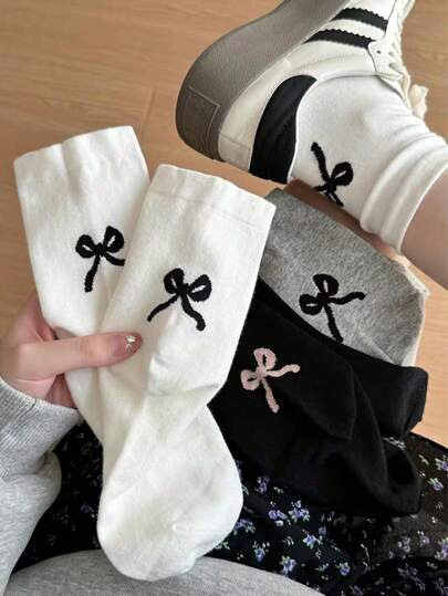 3pairs Ballet Style Bowknot Decor Solid Color Knee High Socks For Women, Cute Socks SKU: sc240709... | SHEIN