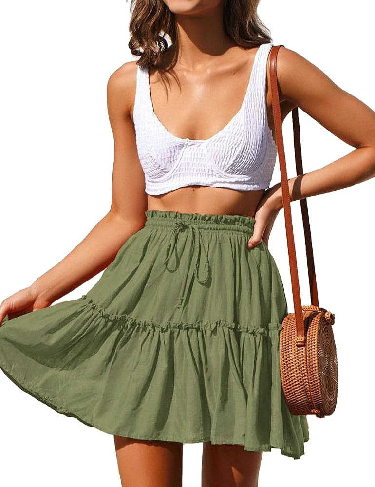 Relipop Women's Floral Flared Short Skirt Polka Dot Pleated Mini Skater Skirt with Drawstring | Amazon (US)