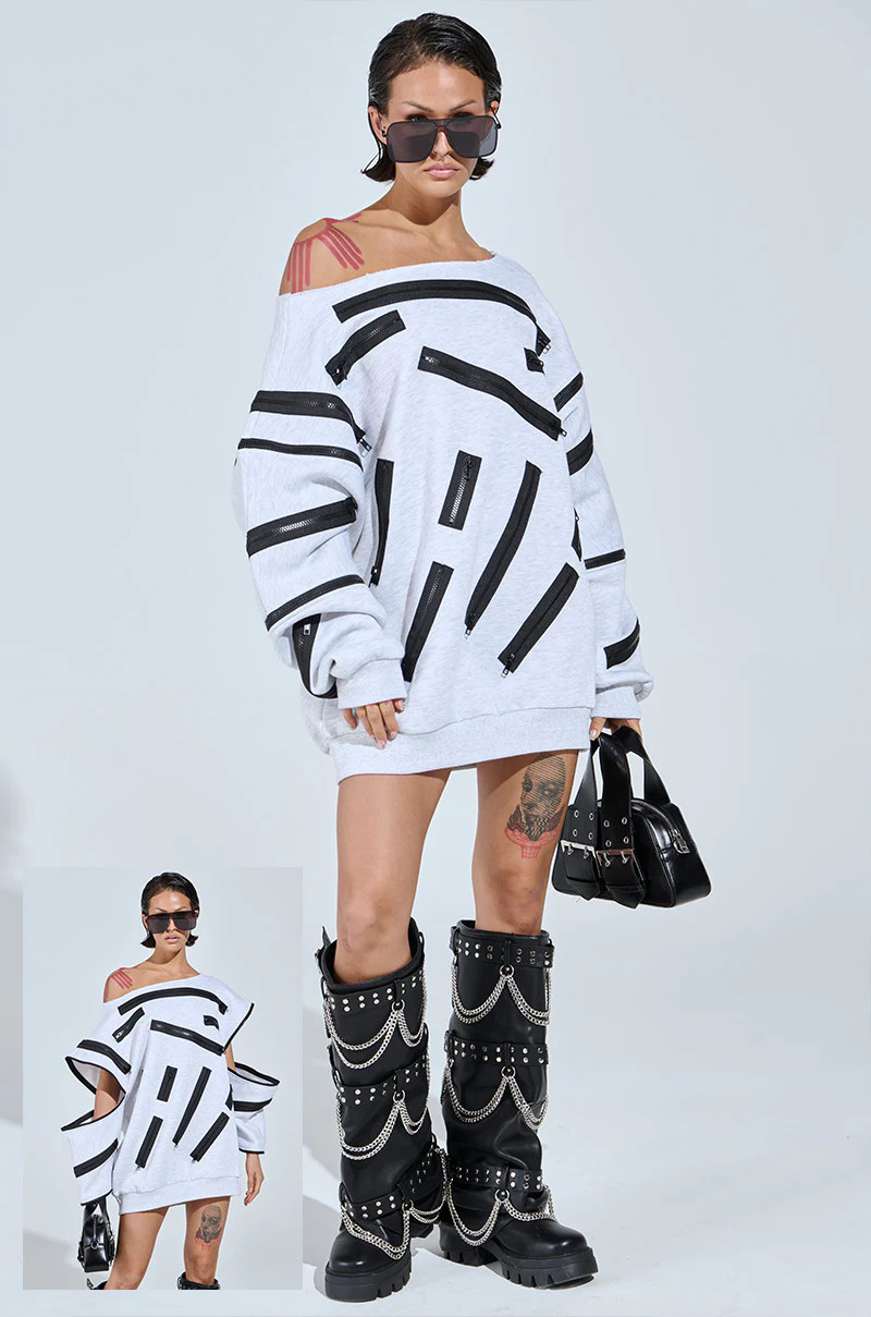 ZIP ZAP OFF THE SHOULDER SWEATSHIRT DRESS-GREY MULTI | AKIRA