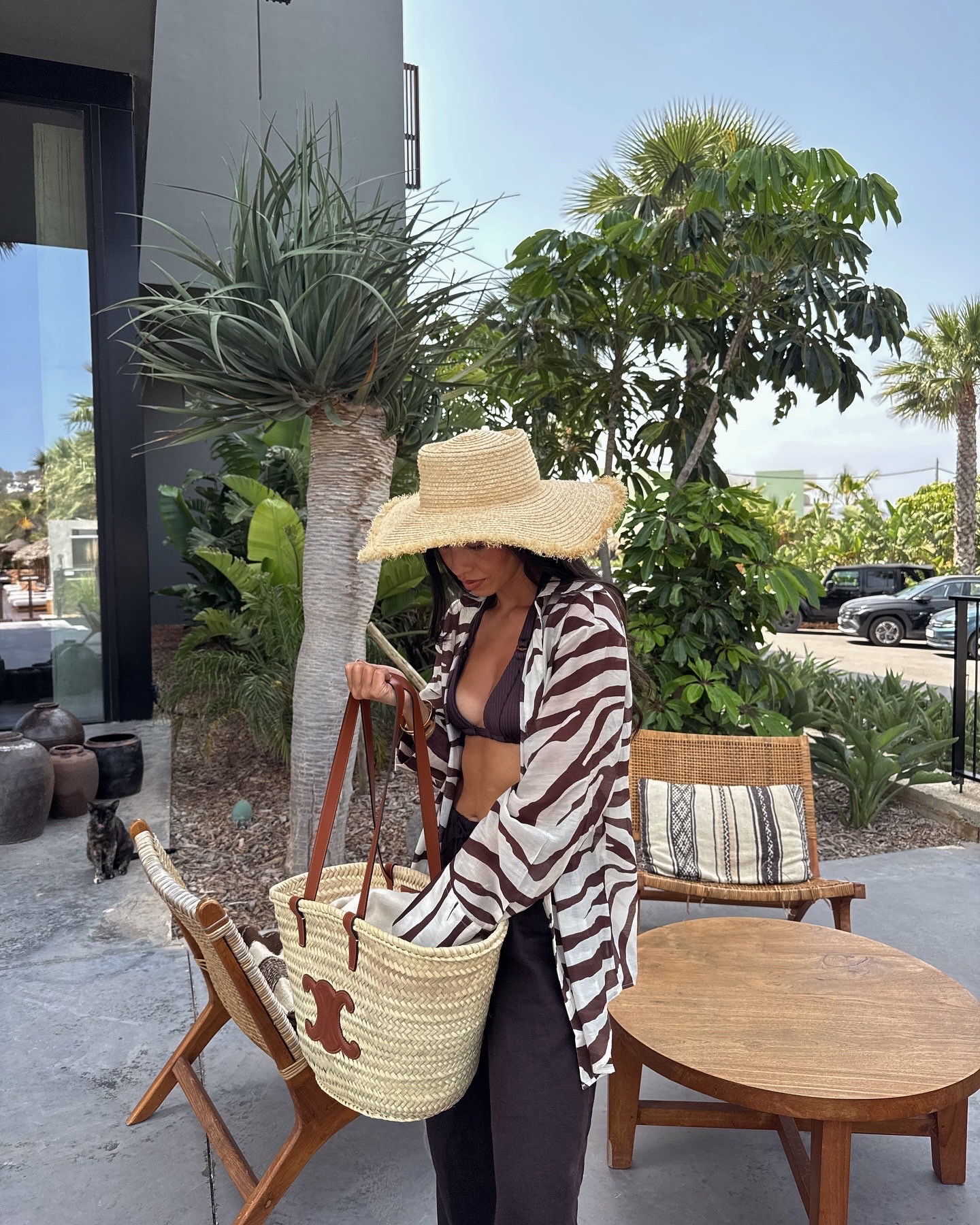 Holiday outfit inspo 🏝️ old Mango zebra animal print shirt, chocolate brown swimwear bikini and linen trousers, raffia straw hat and bag, vacation, summer, beach

#LTKsummer #LTKswimwear #LTKstyletip