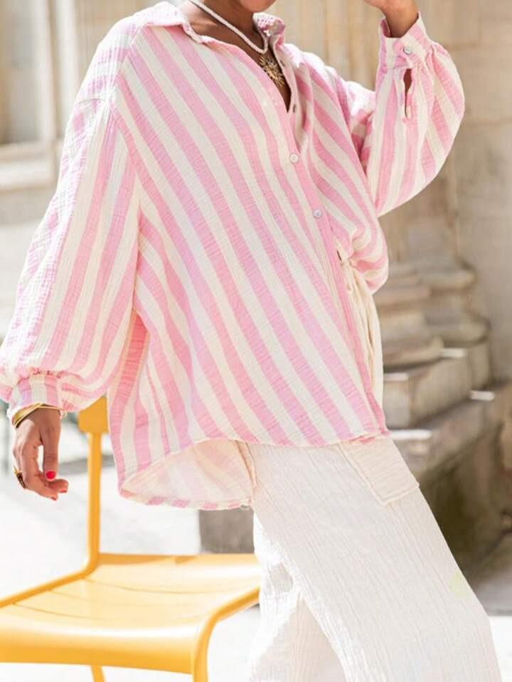 Women's Loose Fit Striped Shirt, Elegant Cardigan Top, Suitable For Commuting, Daily Wear, Valentine's Day Outing, Spring/Summer | SHEIN