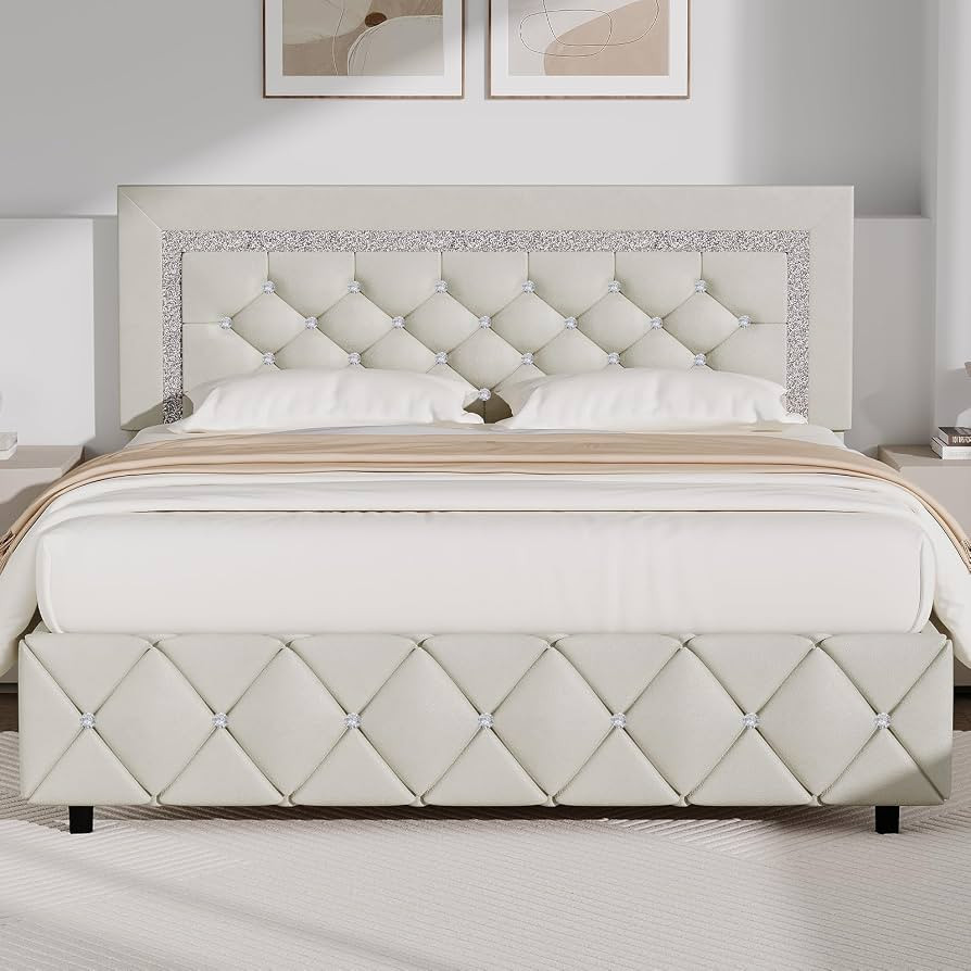 BarnFurin Full Bed Frame with Diamond Tufted Headboard, Faux Leather Upholstered Bed with Wooden ... | Amazon (US)