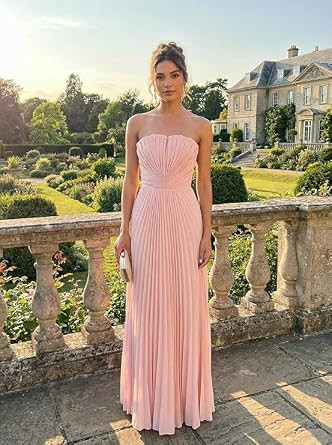 Strapless Bridesmaid Dress Pleated Chiffon Long Formal Prom Dress for Cocktail Party Gowns | Amazon (US)