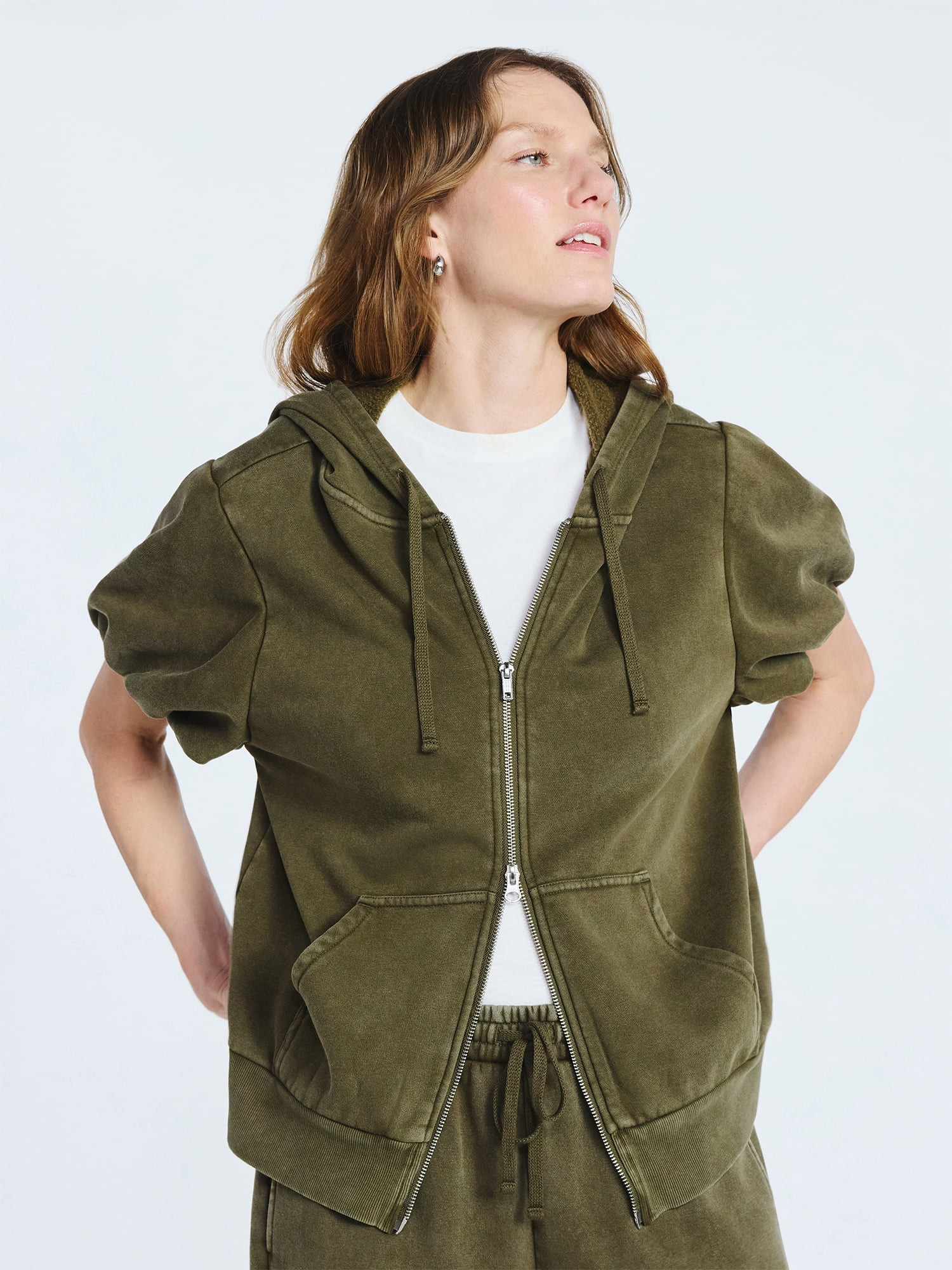 Scoop Women’s Mineral Washed Zip Hoodie with Short Puff Sleeves, Sizes XS-XXL | Walmart (US)