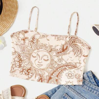 Music Festival Holiday Women Hippie Sun & Moon Print Cropped Camisole Tank Top | SHEIN