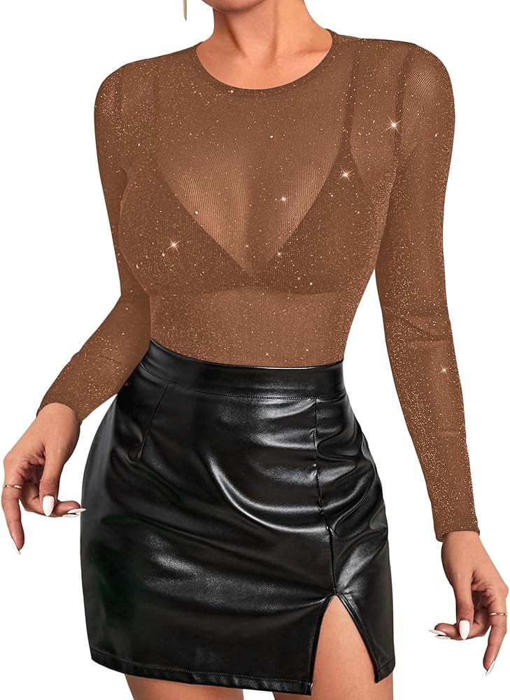 Allchic Glitter Sheer Mesh Tops for Women Long Sleeve Blouses Club T Shirts | Amazon (US)