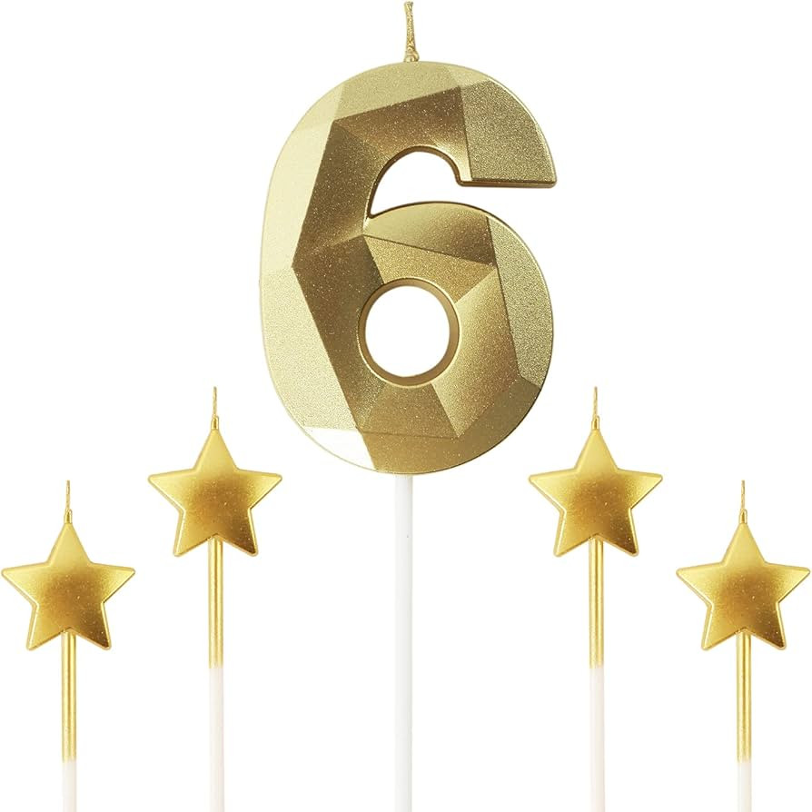 Golden Number 6 Birthday Candles and Star Birthday Candles 2.76 inch Birthday Cake Candles 3D Dia... | Amazon (US)