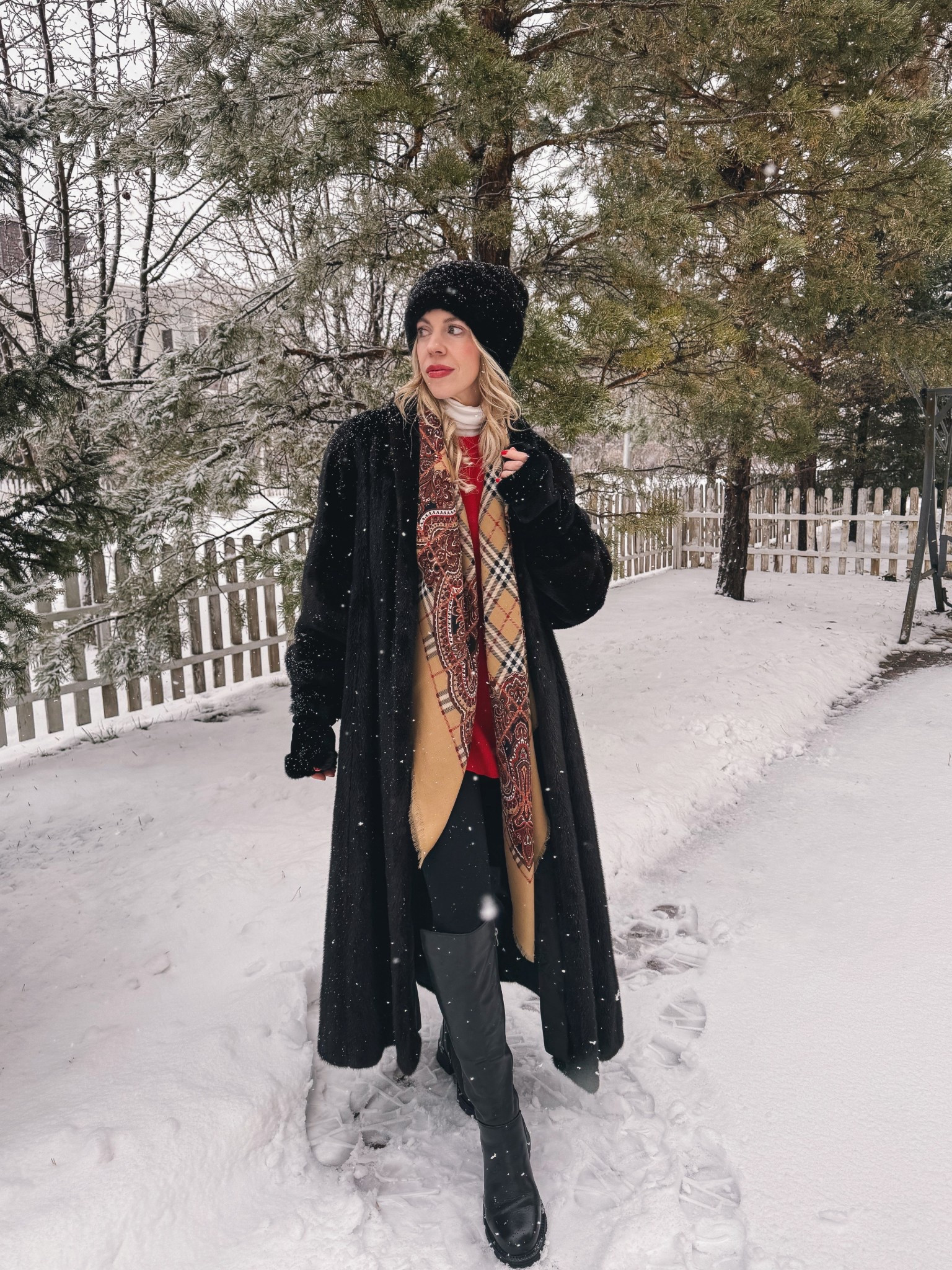 Vintage fur coat, Burberry scarf, fur hat, Spanx leggings, lug sole knee high boots, winter fashion, snow day outfit 

#LTKFindsUnder100 #LTKHoliday #LTKSeasonal