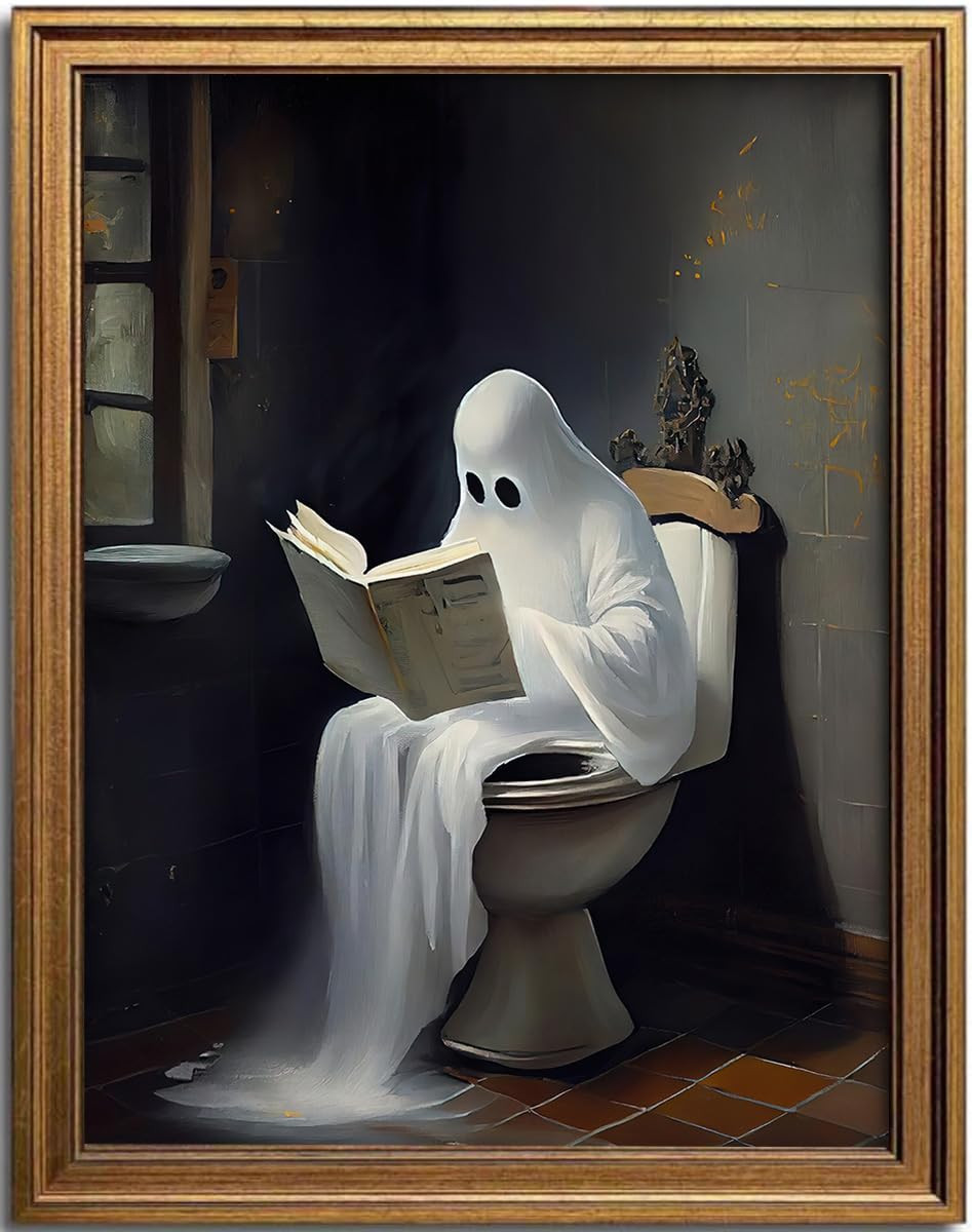 KBKBART Framed Canvas Wall Art, Vintage Cute Ghost on Toilet Reading Books Gothic Aesthetic Poste... | Amazon (US)