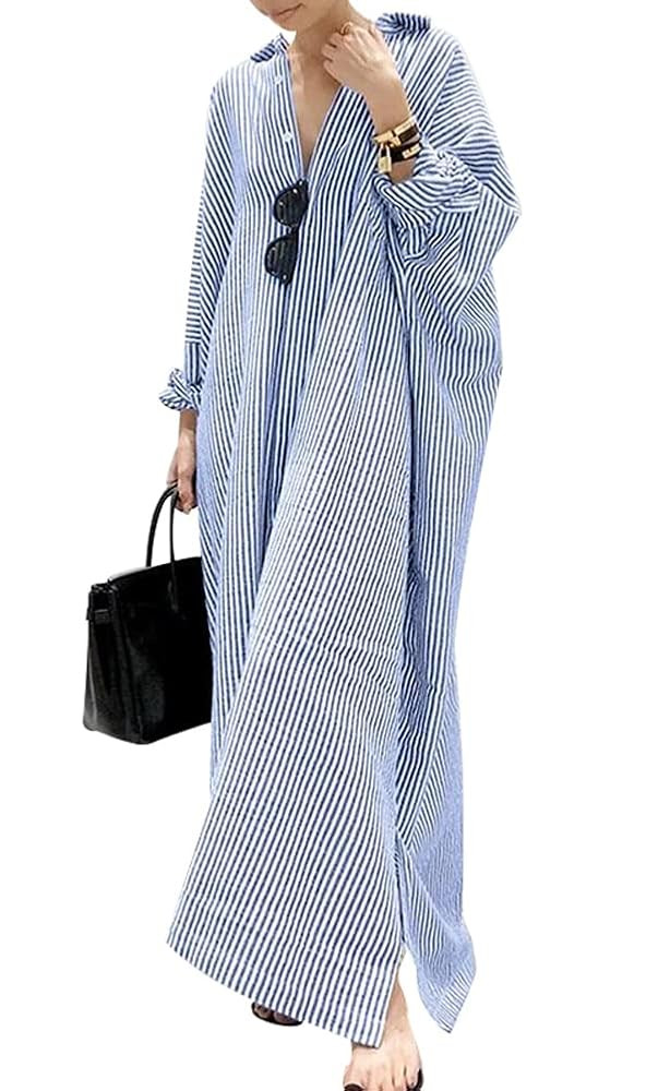 chouyatou Women's Casual Long Sleeve Button Down Loose Striped Cotton Maxi Shirt Dress | Amazon (US)