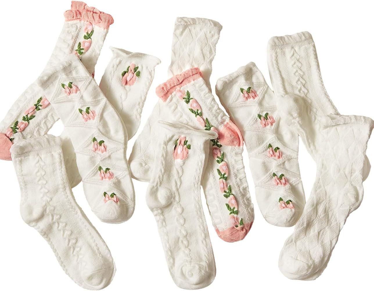 10 Pairs Cute White Cottagecore Ruffle Socks for Women, Floral Ankle Casual Kawaii Coquette Style... | Amazon (US)